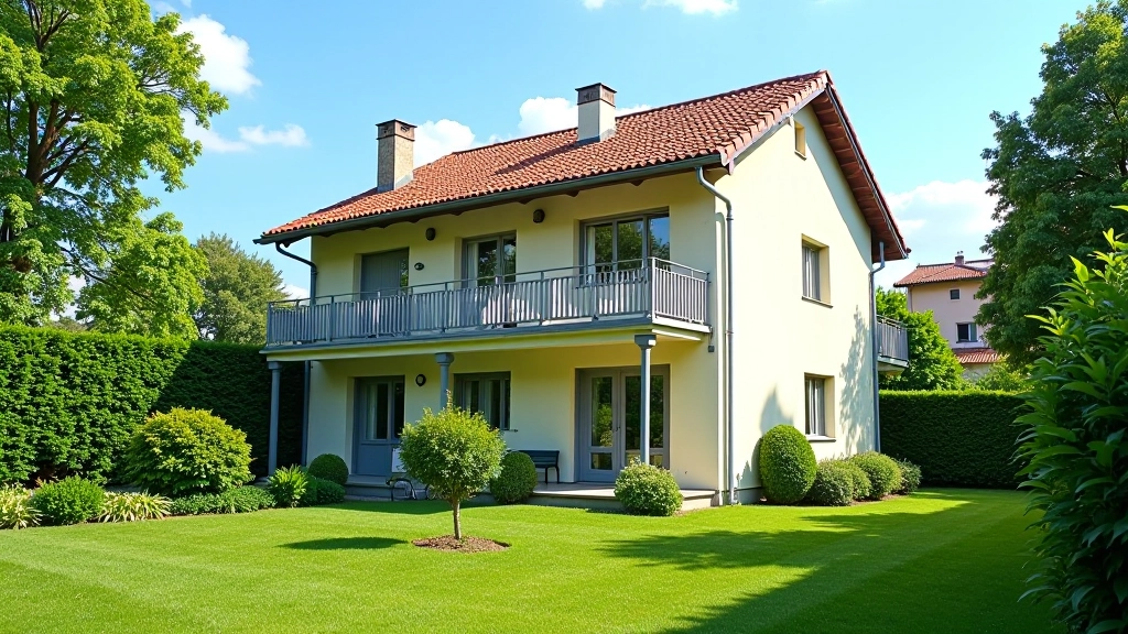 Dům se zeleným dvorkem a sluncem v pozadí, nemovitost připravená k převodu