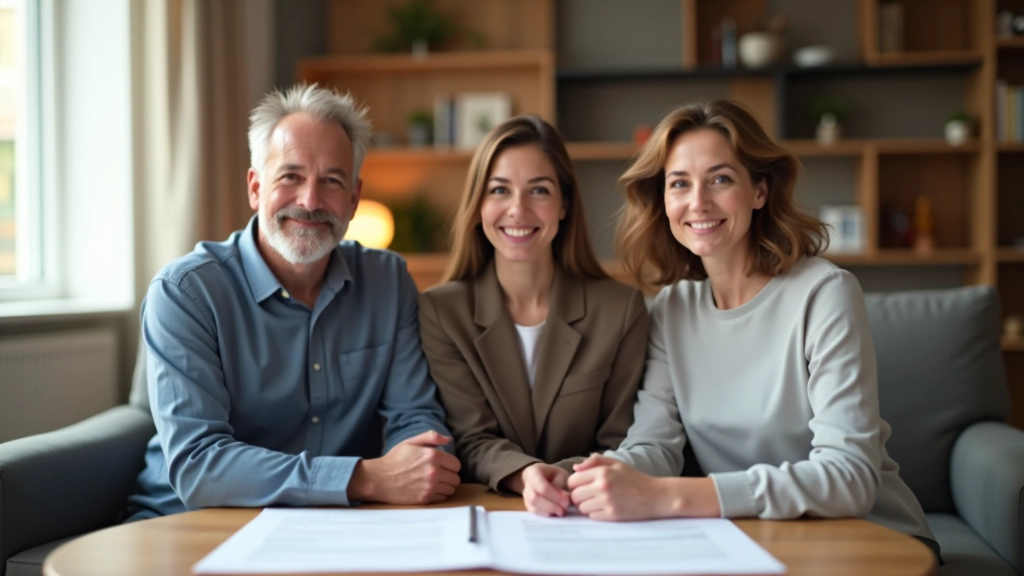 Rodina sedící v obývacím pokoji s dokumenty na stole, diskuse o dědictví