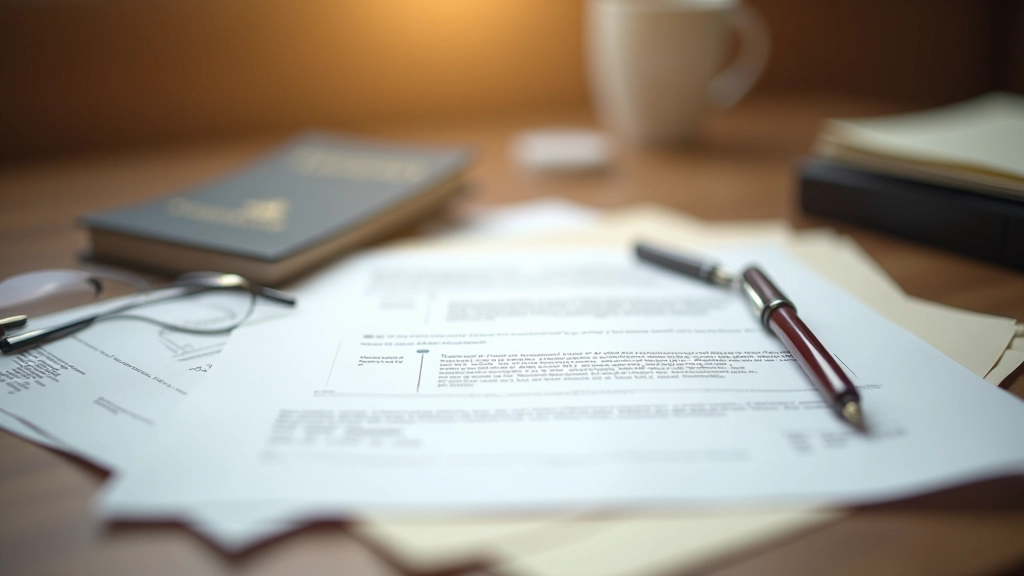 Různé dokumenty a doklady rozložené na stole — pas, účtenky a právní papíry