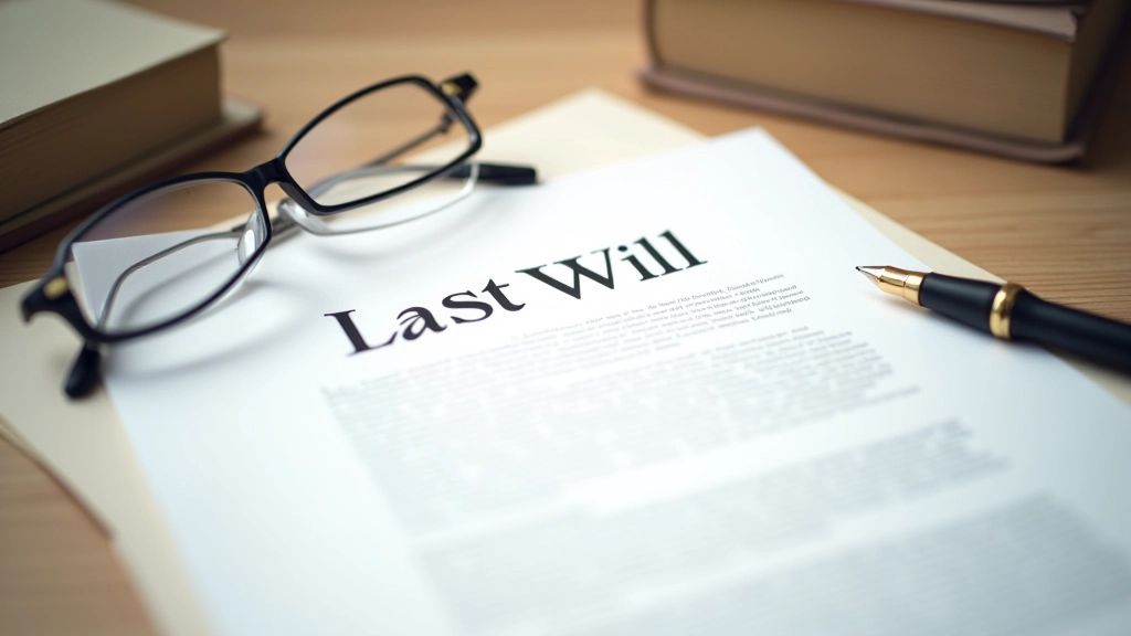 Závěť leží na stole vedle brýlí a péra, právní dokument připraven k podpisu