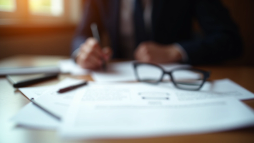 Právní dokumenty a smlouvy rozložené na pracovním stole notáře s brýlemi a pérem