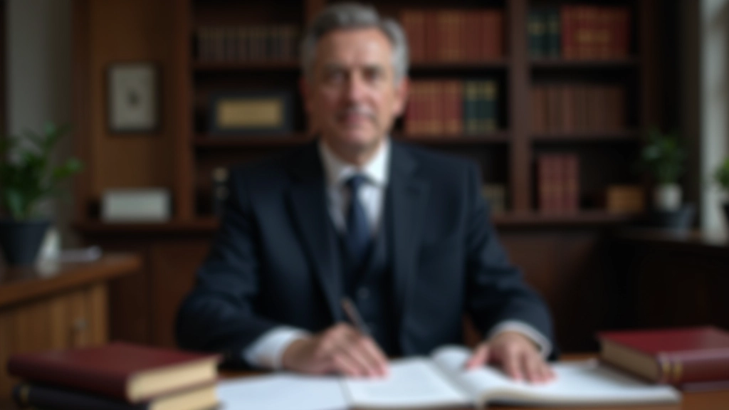 Notář při práci na dokumentech s pečetí a razítkem na stole