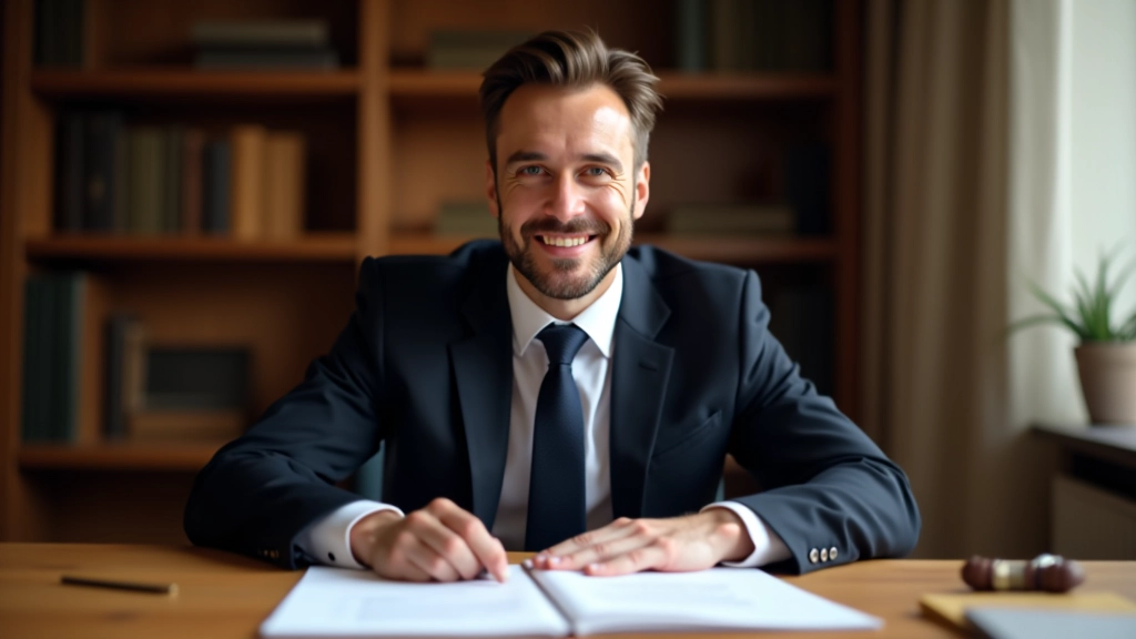 Notář sedí u stolu s právními dokumenty a psacím pérem, moderní kancelář s právními knihami na pozadí