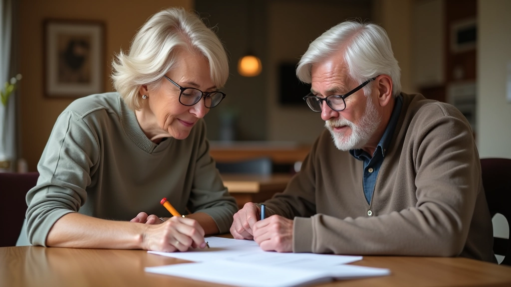Starší pár sedí u stolu a diskutuje o plánu dědictví, papíry rozložené před nimi