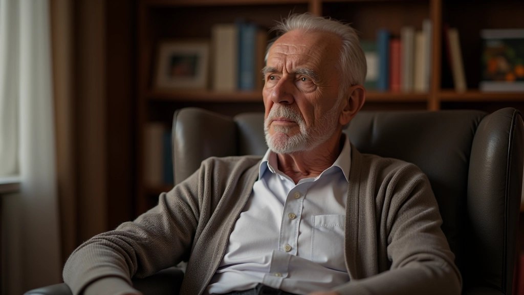Starší muž se zamyšleným výrazem sedí v pohodlném křesle, v ruce drží pero a papír