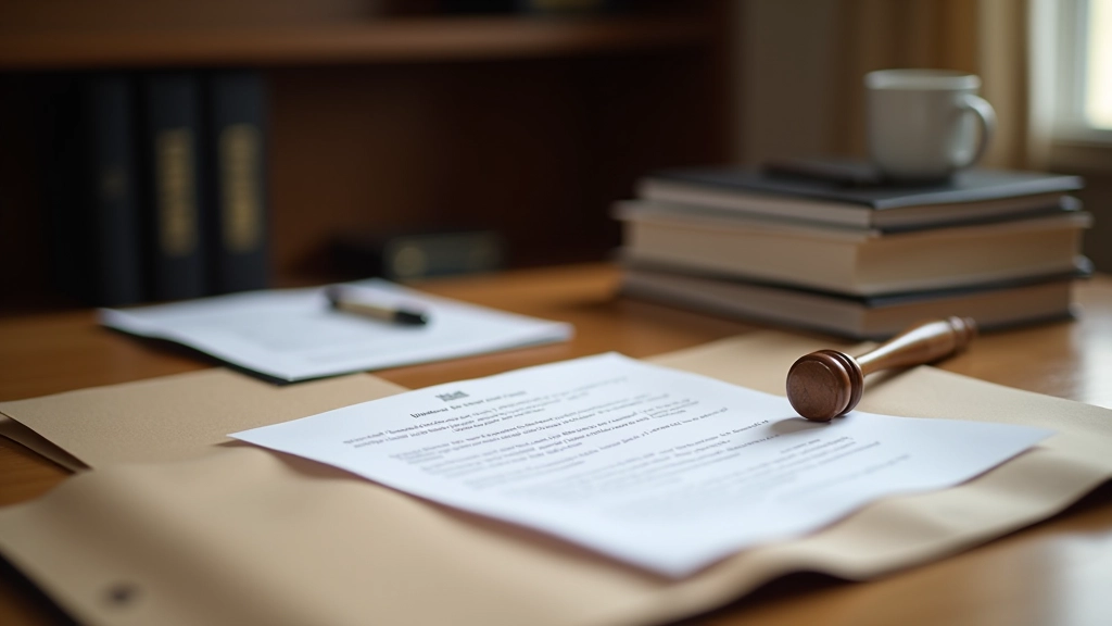 Právní dokumenty rozložené na stole s pečetí, razítkem a psacím perem