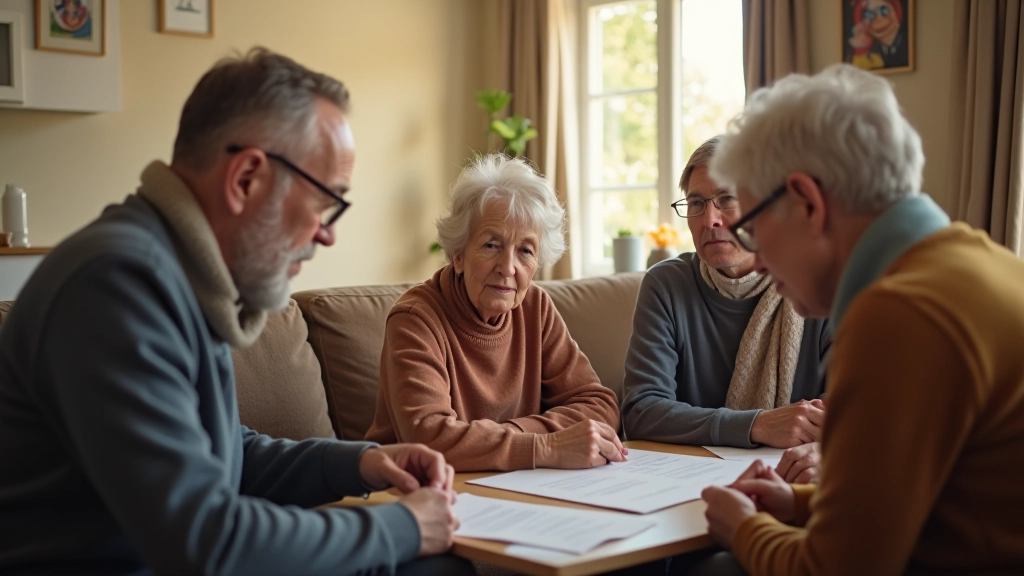 Tři generace rodiny sedí v obývacím pokoji a diskutují o rodinném majetku