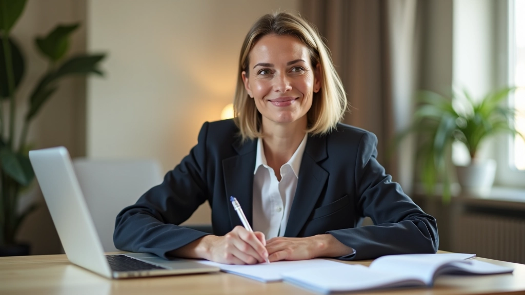 Žena sedí u psacího stolu s notebookem a tužkou v ruce, dělá si poznámky do seznamu